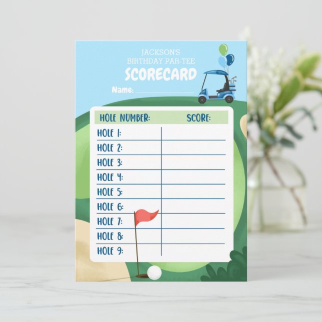 Golf Boy Birthday Par-Tee Golfing Card Scorecard Inbjudningar (Stående Fram)