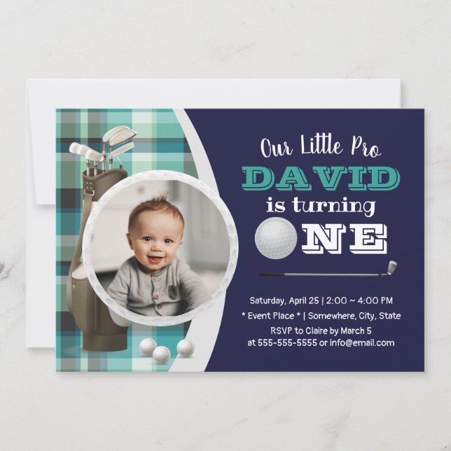 Golf Boy Future Golfer Navy Photo 1st Birthday Inbjudningar (Framsida)