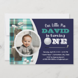 Golf Boy Future Golfer Navy Photo 1st Birthday Inbjudningar