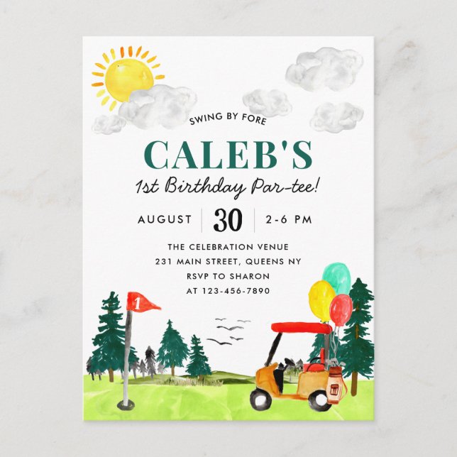 Golf Boy Golfing Swing by Fore a Par-tee Birthday Vykort (Framsida)