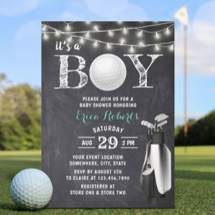Golf Boy Rustic Chalkboard Baby Shower Inbjudningar