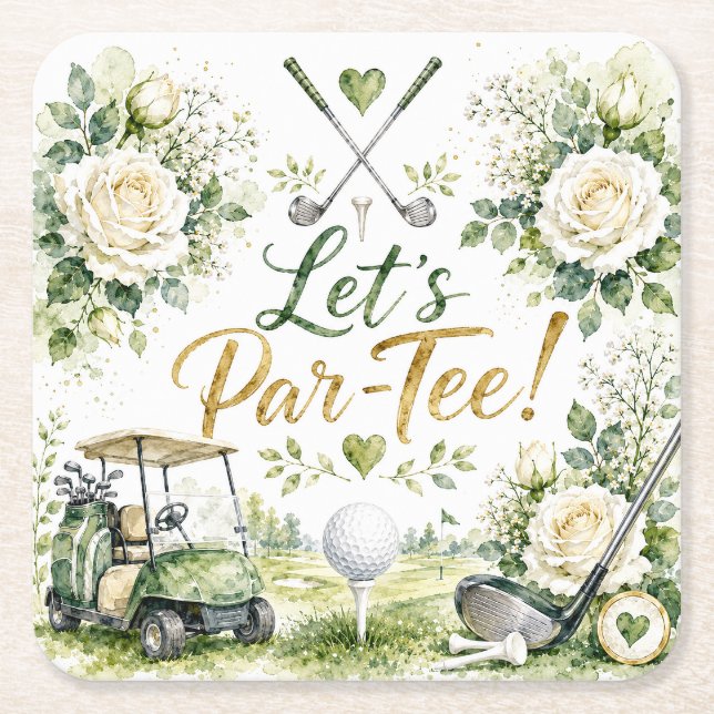 Golf Bröllopsblommor Låt oss Par Tee  Underlägg Papper Kvadrat (Framsidan)