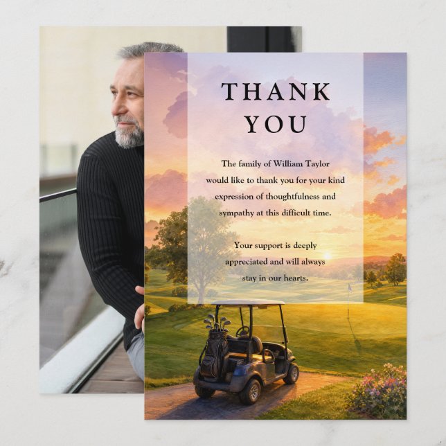 Golf Buggy Livs firande Begravning Foto Tack Kort (Fram/baksida)