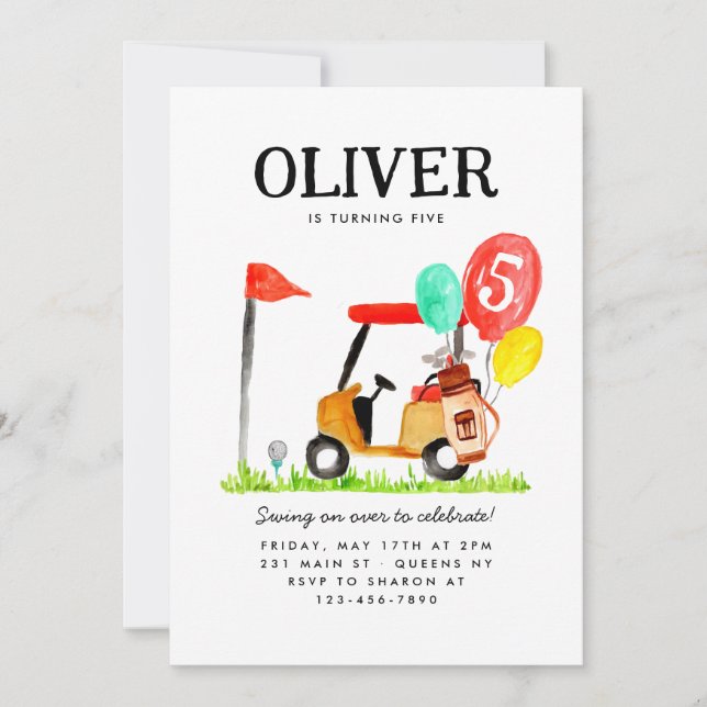 Golf Cart Boll Bag Balloon Kids Golfer Birthday Inbjudningar (Framsida)