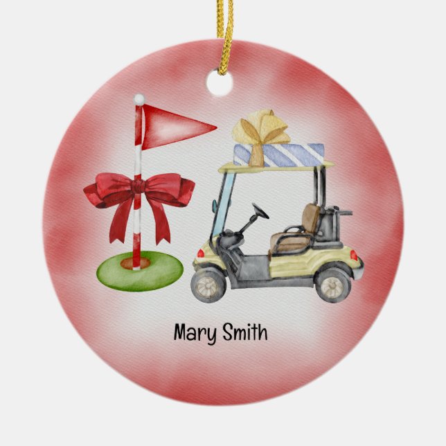 Golf Cart Golf Flagga jul Ceramic Ornamic Julgransprydnad Keramik (Framsidan)