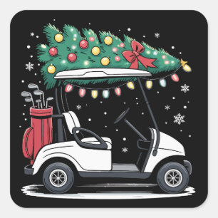 Golf Cart Julgran Ljus Xmas Sport Golfare Fyrkantigt Klistermärke