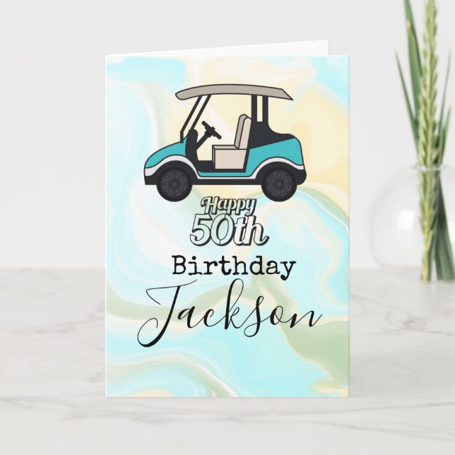 Golf Cart Lycklig 50:e födelsedag på blå marmor Kort (Framsida)