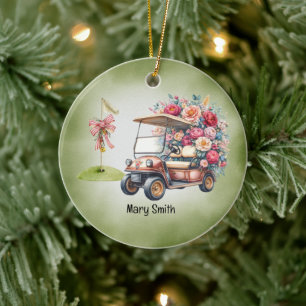 Golf Cart med Golf Flagga Julgransprydnad Keramik