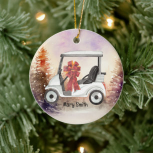 Golf Cart med rött band vattenfärg Julgransprydnad Keramik