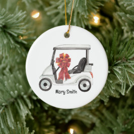 Golf Cart med rött band vattenfärg Julgransprydnad Keramik