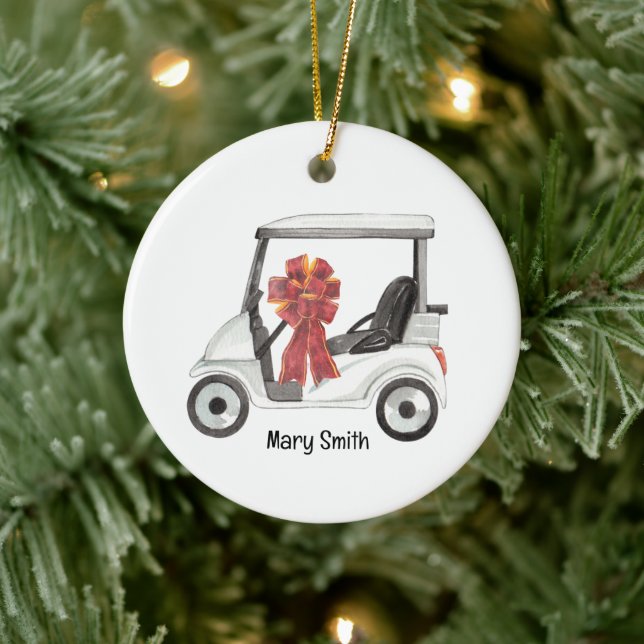 Golf Cart med rött band vattenfärg Julgransprydnad Keramik (Träd)