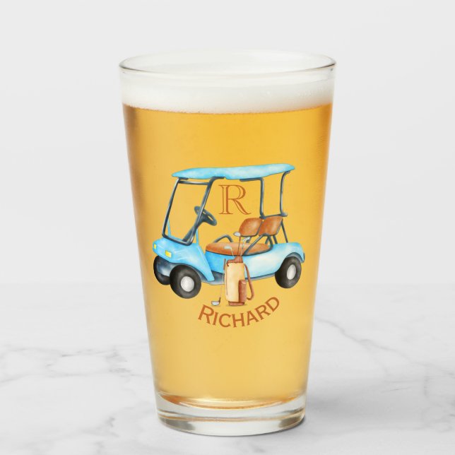 Golf Cart Monogram First Namn Roligt Beer Glaskopp (Framsida fylld)
