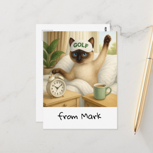 Golf Cat Lover är i sängen Vykort (Fram/Back In Situ)