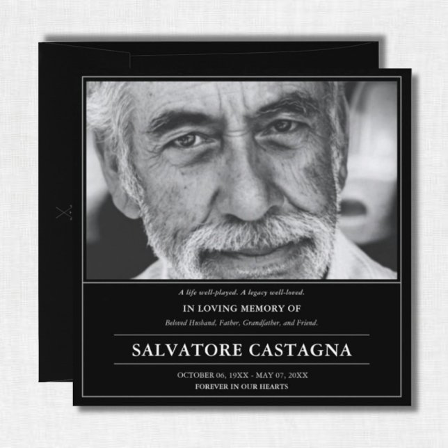 Golf Celebration of Life Black Photo Memorial Inbjudningar (A Life Well-Played — a refined golf celebration of life tribute honoring a life of grace and legacy.)