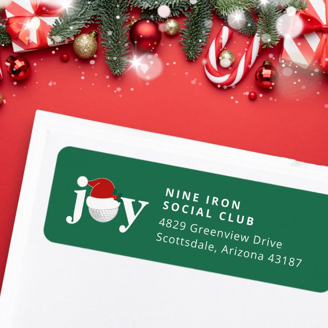 Golf Christmas Holiday Joy  Festive Modern Green Returadress Etikett (Sleek and festive return address label 🎄
Customize for family, club, or business.)