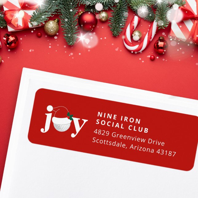 Golf Christmas Holiday Joy  Festive Modern Red Returadress Etikett (Sleek and festive return address label 🎄
Customize for family, club, or business.)