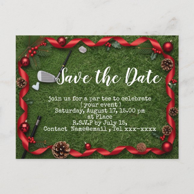 Golf Christmas save the date with golf ball  Vykort (Framsida)