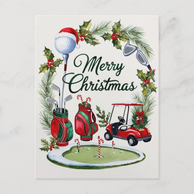 Golf christmas, tema för Golfer-vattenfärg Helg Vykort (Framsida)