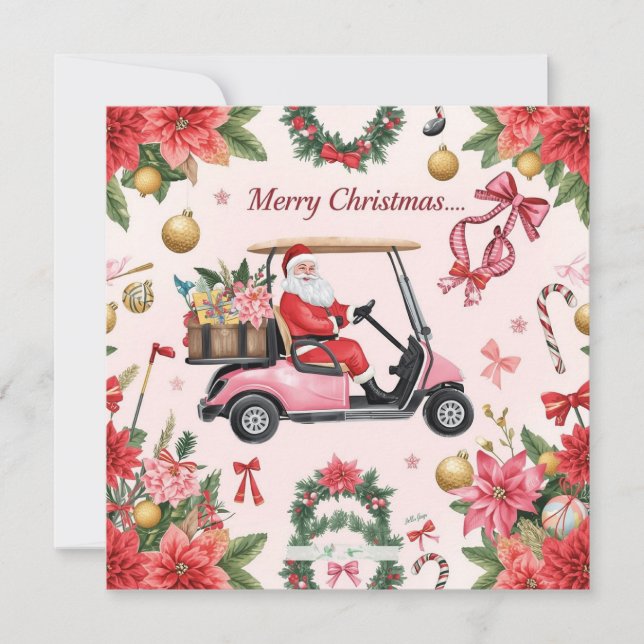 Golf Christmas themed Santa drive Pink golf cart Julkort (Framsida)