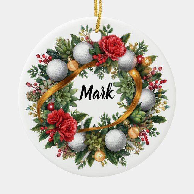 Golf Christmas Wreath with Golfer Name Julgransprydnad Keramik (Framsidan)