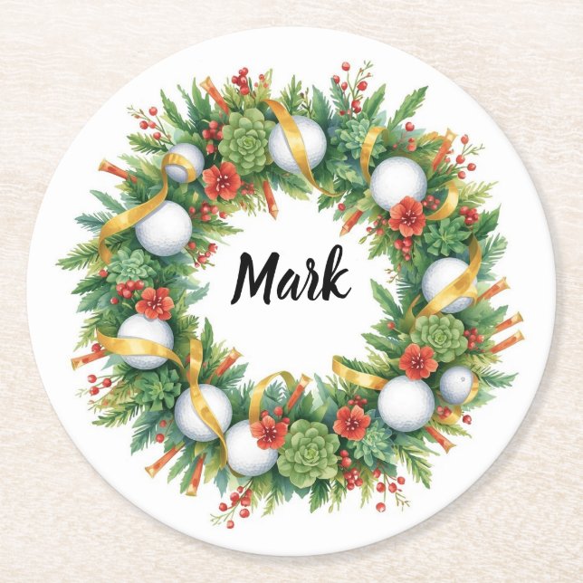 Golf Christmas Wreath with Golfer Name Underlägg Papper Rund (Framsidan)