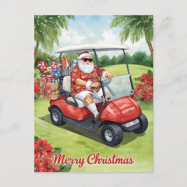  Golf ChristmasSanta driving golf cart Helg Vykort (Framsida)