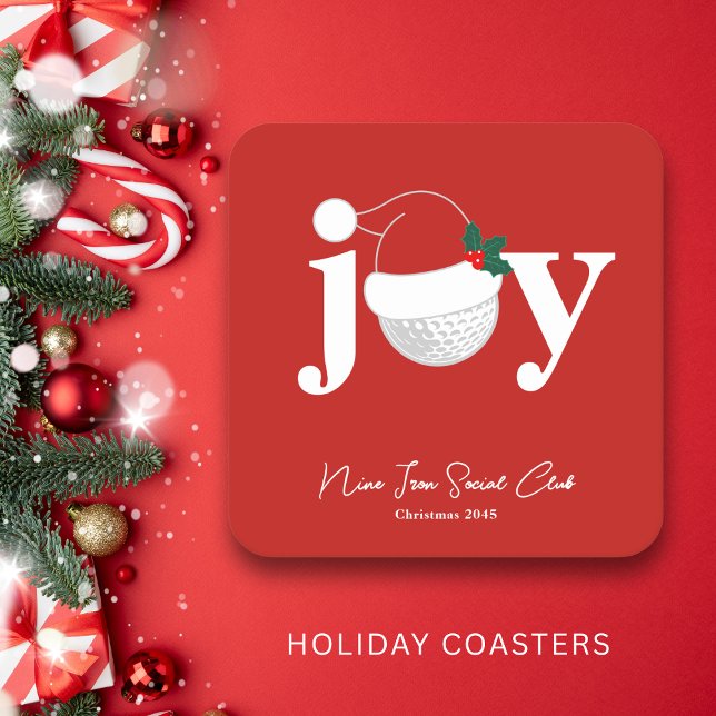 Golf Club Holiday Joy Typography Festive Red Underlägg Papper Kvadrat (Sleek red holiday coaster for golf lovers 🎄
Personalize with your name or event.)