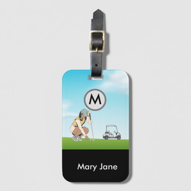 Golf dam golfer i hål med Cart Monogram Namn Bagagebricka (Framsida vertikal)