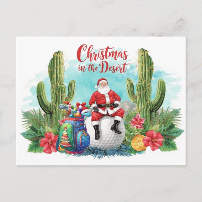 Golf Desert Christmas Cactus Santa Claus Golfer Helg Vykort (Framsida)