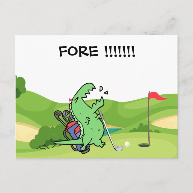 Golf Dinosaur golfing skrik FORE lustig golfer Vykort (Framsida)