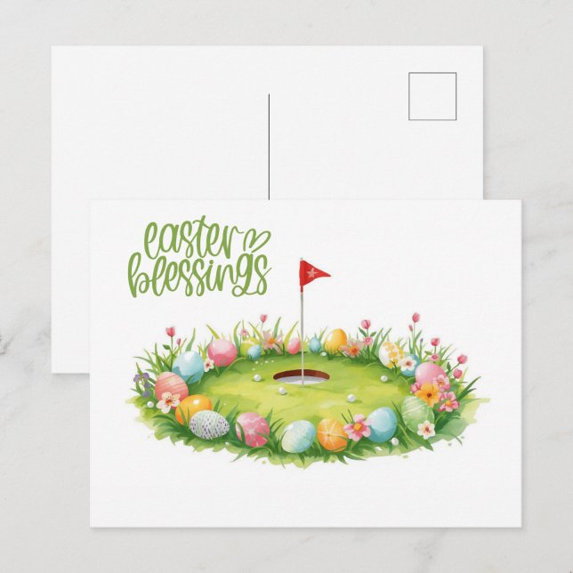 Golf Easter with egg on putting green  Vykort (Fram/baksida)