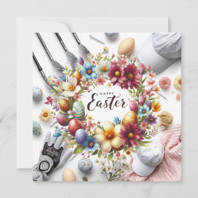Golf easter with golf equipment with flower julkort (Framsida)