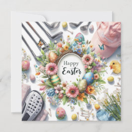 Golf easter with golf equipment with flower julkort