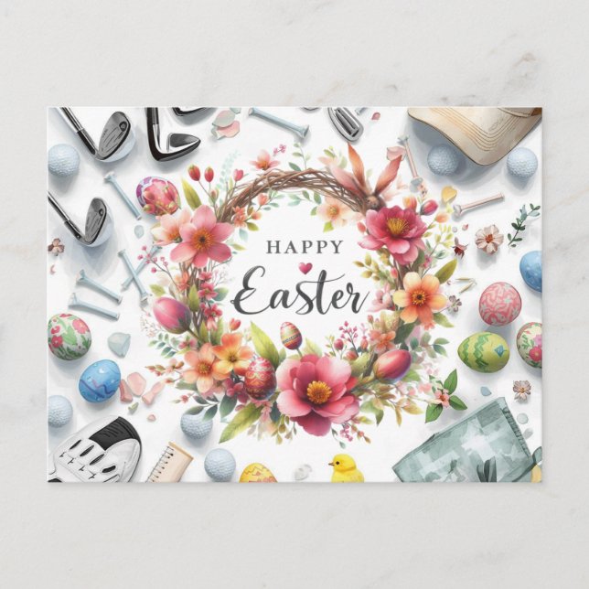 Golf easter with golf equipment with flower vykort (Framsida)