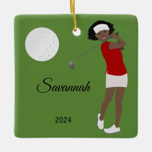 Golf Female Idrottsman African American Julgransprydnad Keramik (Framsida)
