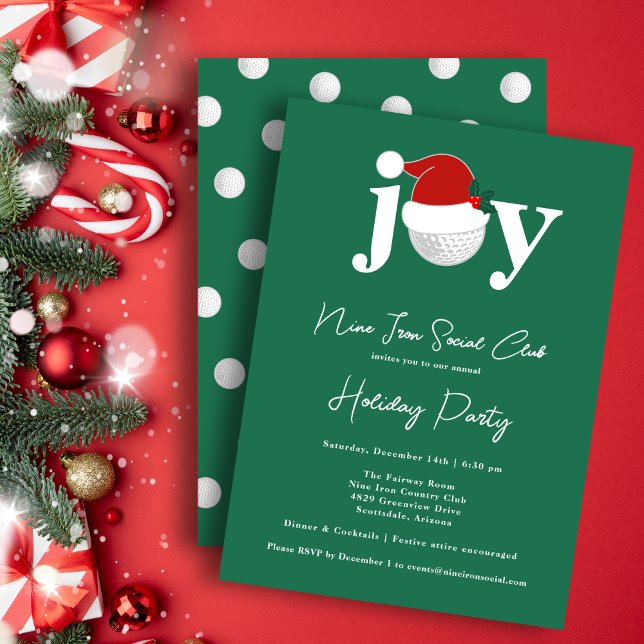 Golf Festive Holiday Party Joy Typography Green Inbjudningar (A modern invite for your holiday gathering 🎄
Personalize for your club, family, or business.)
