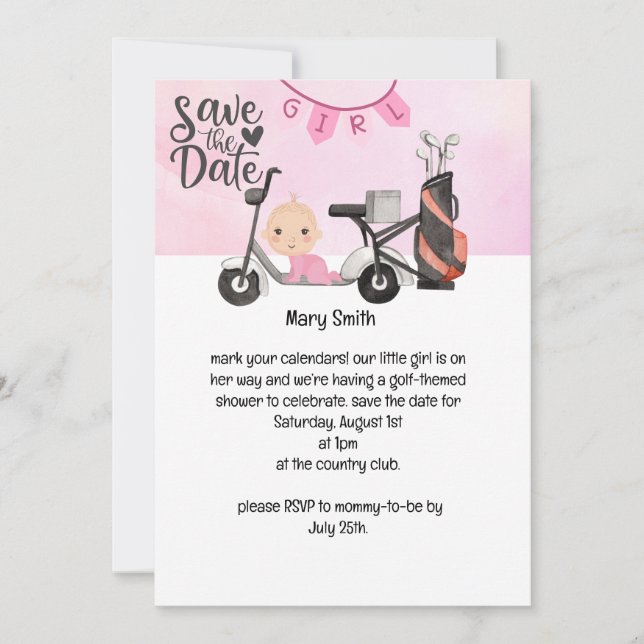 Golf Flicka for Baby Shower on rosa Inbjudningar (Framsida)