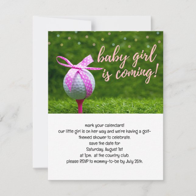 Golf flicka kommer med boll rosa ribbon Inv. Inbjudningar (Framsida)