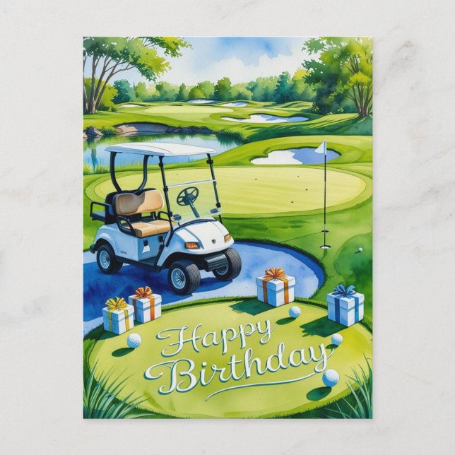 Golf födelsedag med golfbil för golfare vykort (Framsida)
