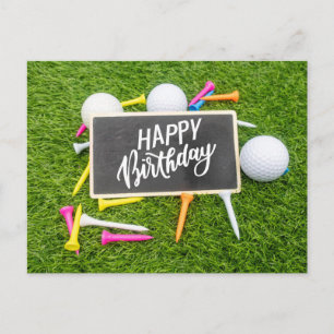 Golf födelsedagskort med golfboll och tee på grönt vykort