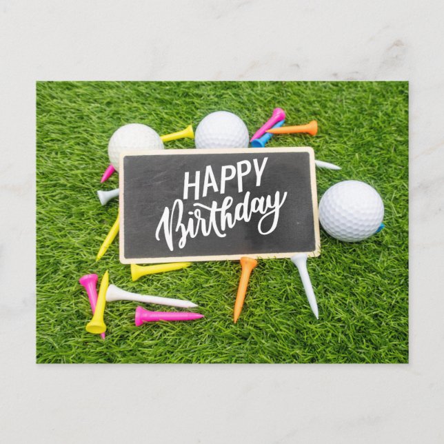 Golf födelsedagskort med golfboll och tee på grönt vykort (Framsida)