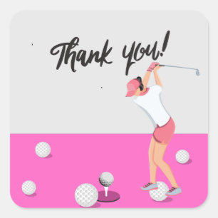 Golf Girl Dam Woman Golfing Tack rosa Fyrkantigt Klistermärke