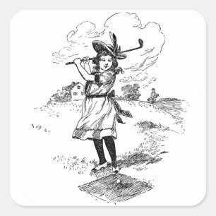Golf Girl Golfing Vintage Art Fyrkantigt Klistermärke