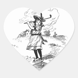 Golf Girl Golfing Vintage Art Hjärtformat Klistermärke