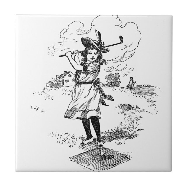 Golf Girl Golfing Vintage Art Kakelplatta (Framsidan)