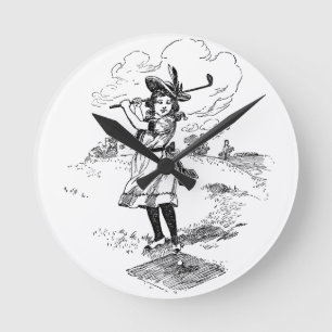 Golf Girl Golfing Vintage Art Rund Klocka