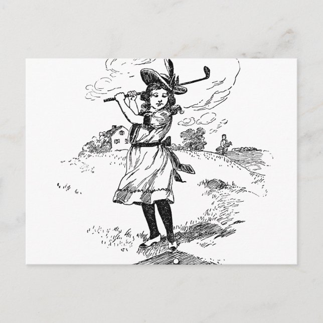 Golf Girl Golfing Vintage Art Vykort (Framsida)