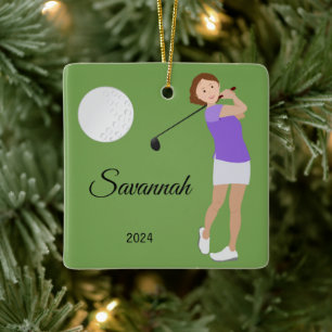 Golf Girl Kort Hair Brunette Julgransprydnad Keramik