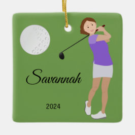 Golf Girl Kort Hair Brunette Julgransprydnad Keramik