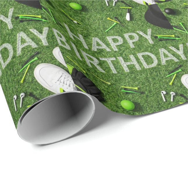 Golf Glad födelsedag med golfprylar på grönt Presentpapper (Rullad Hörn)